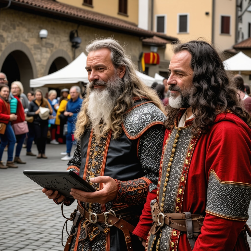 Locals dressed in medieval costumes participating in a festival with digital interactive displays in Sighișoara