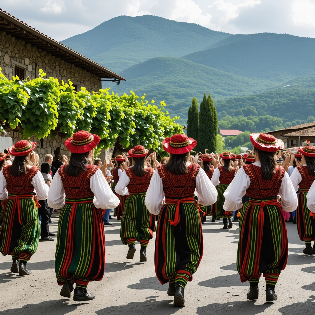 Locals in traditional dress celebrating the grape harvest festival in Krushevë with mountainous backdrop