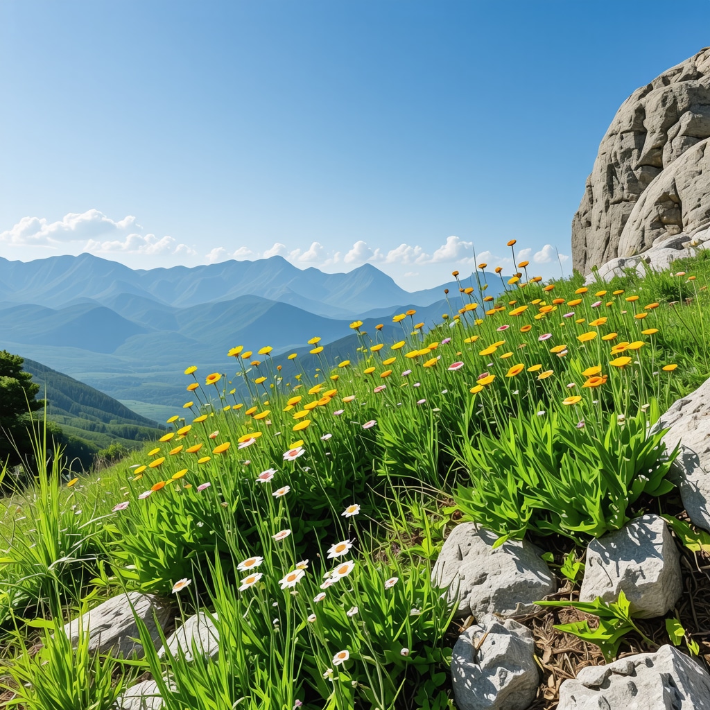 Pamje e bimëve të rralla Edraianthus serbicus në shpatet shkëmbore të Parkut Kombëtar Lovçen me male në sfond