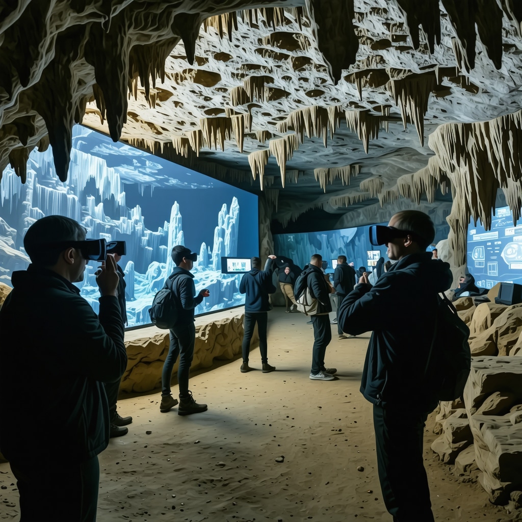 Visitors using augmented reality glasses exploring Postojna Cave with 3D geological formations and ecological data overlays