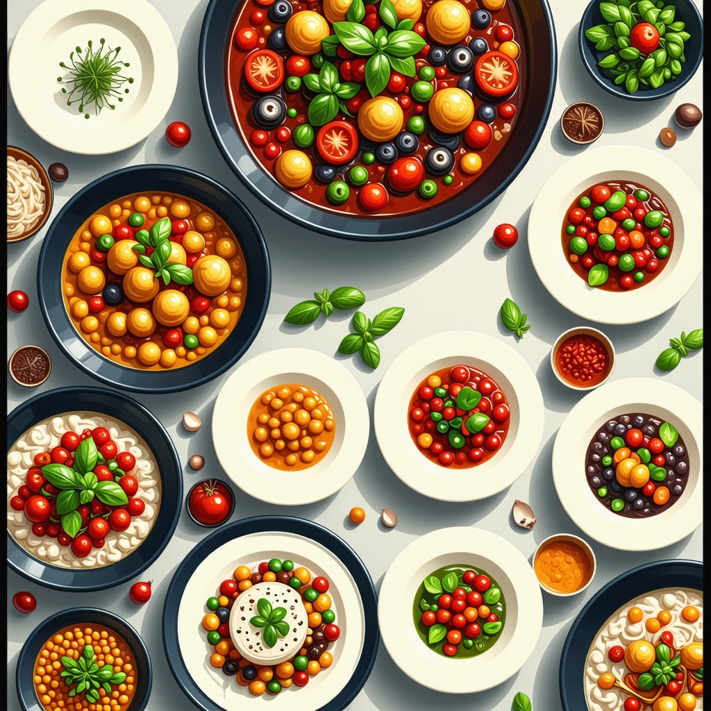 Digital illustration of a smart tourism app featuring traditional Kosovar dishes with blockchain and AI elements, set in Prishtina cityscape