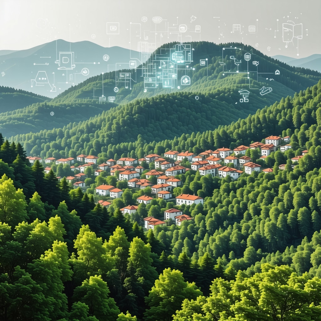Panoramic view of Gabrovo with traditional buildings and green mountains highlighting sustainable tourism technologies