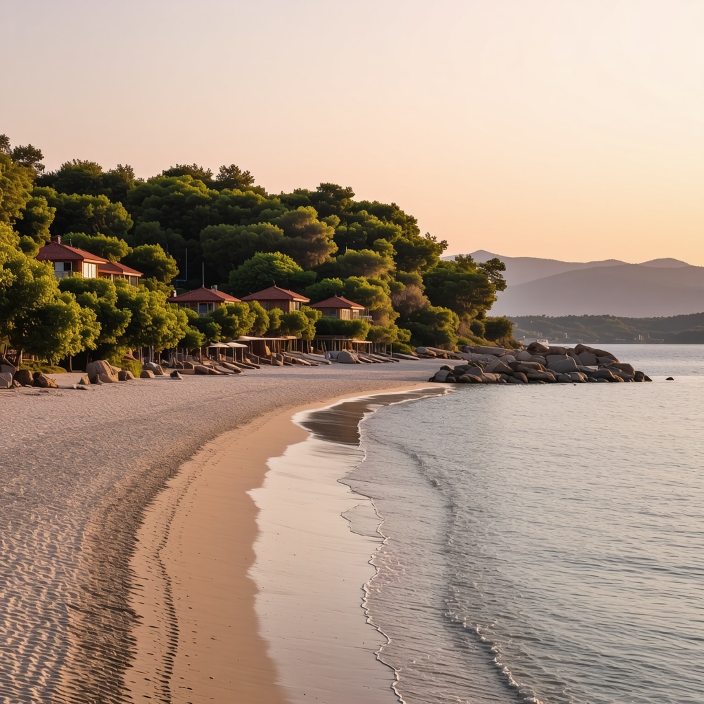 Coastal resort at Golden Sands blending modern eco-friendly buildings with natural forest and Bulgarian cultural motifs at sunset