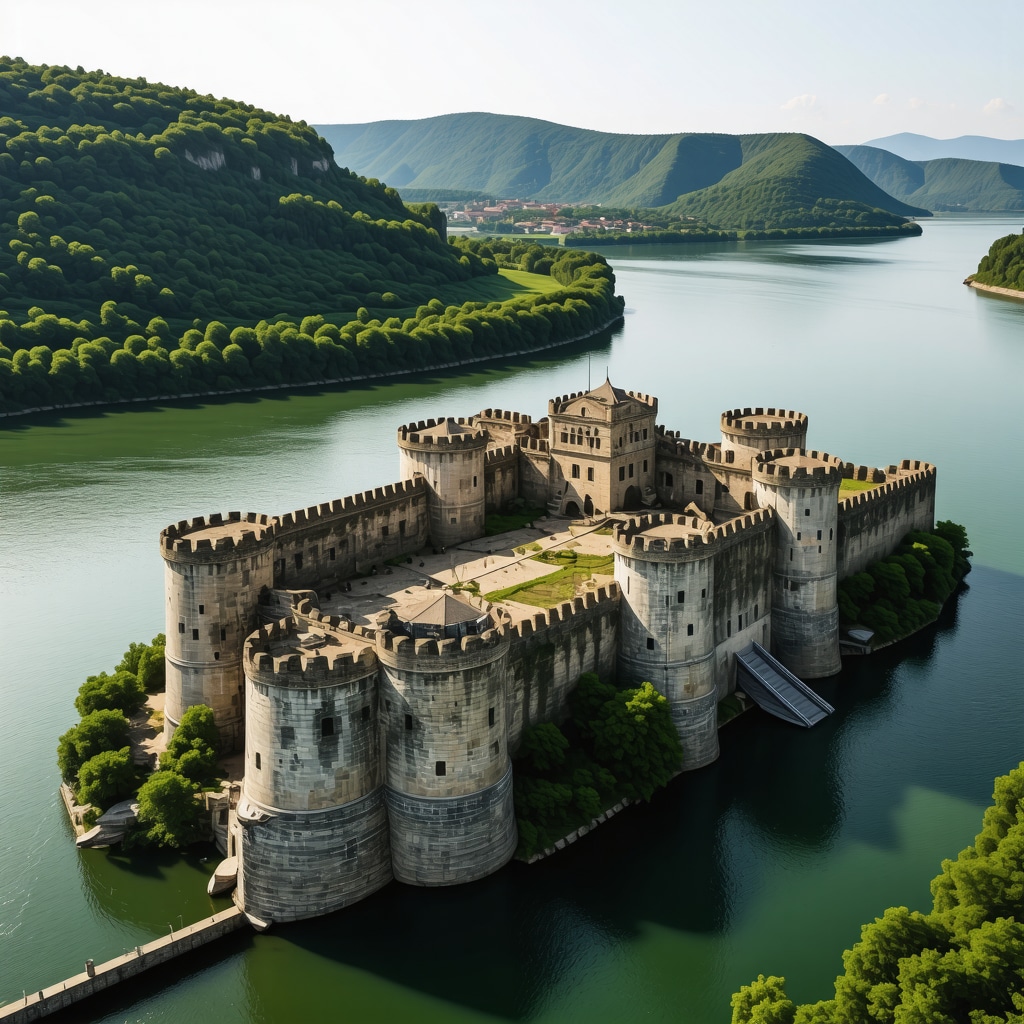 A panoramic aerial view of Golubac Fortress on the Danube with augmented reality and 3D scanning visualizations