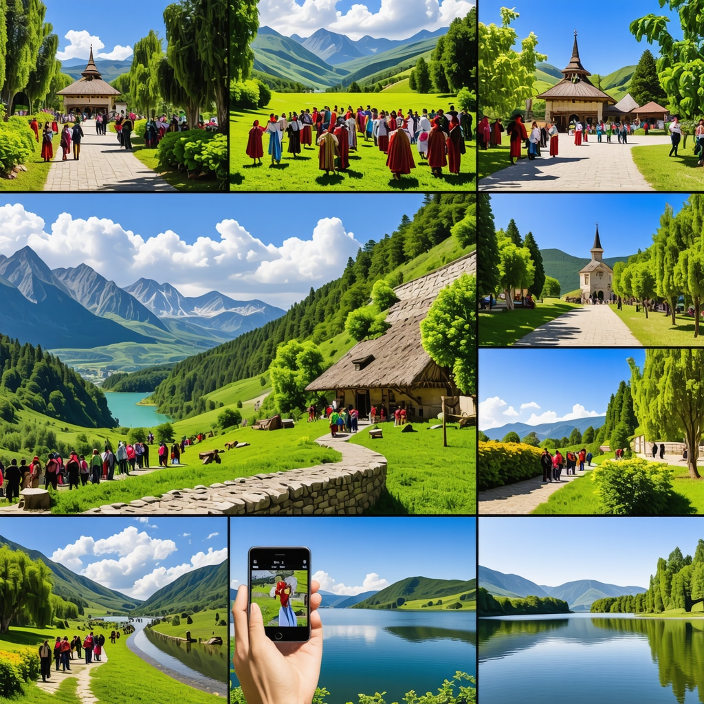 Collage of Gostivar natural landscapes, cultural events, and tourists using augmented reality guides on smartphones