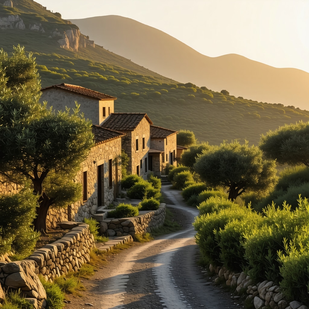 Traditional stone houses and olive trees in a hidden mountain village in Crete during sunset