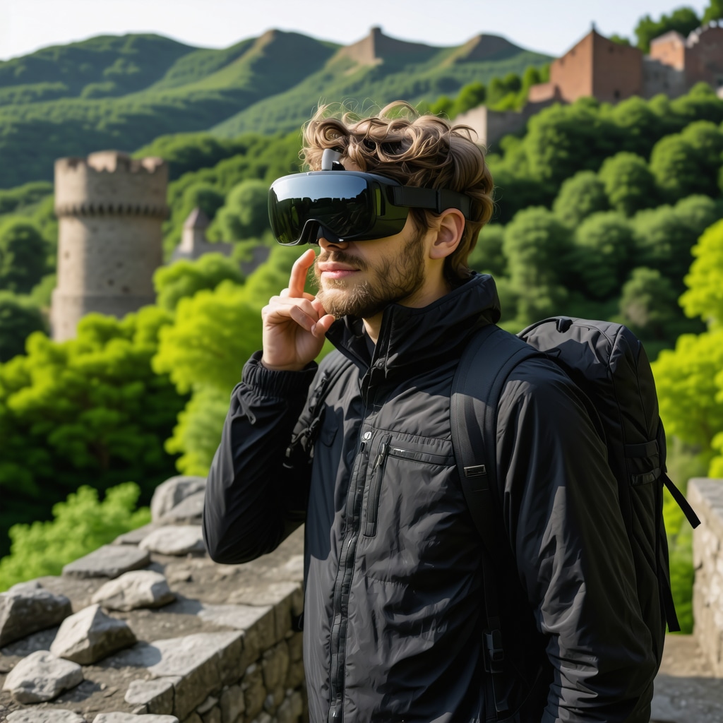 Person with augmented reality glasses exploring medieval Zveçan Fortress in Knjaževac among green forests