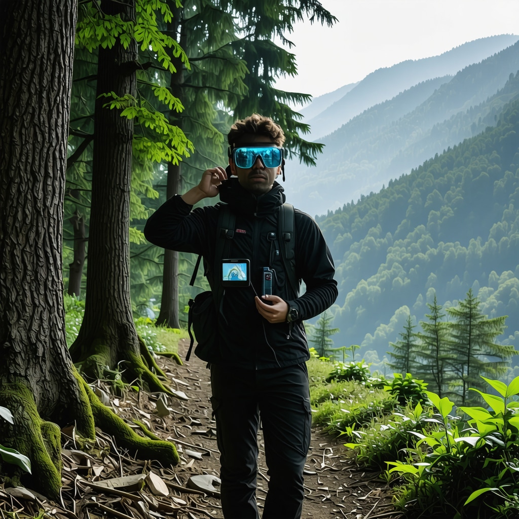 Hiker using augmented reality glasses and GPS device on a forest trail in Aranđelovac