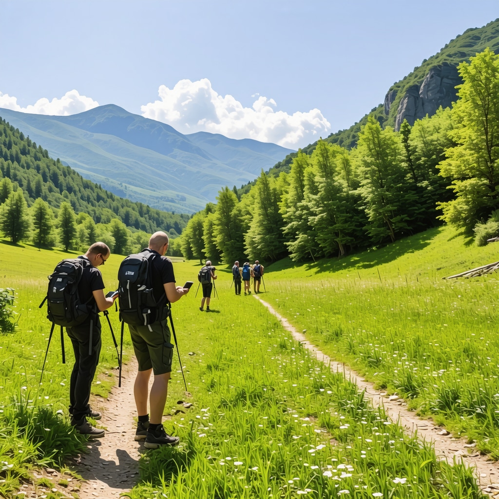 Hikers with mobile devices on mountain trails in Bjeshkët e Nemuna National Park, Rožaje