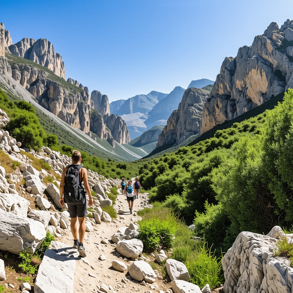 Hikers trekking through the dramatic Samaria Gorge landscape in Crete under clear blue skies