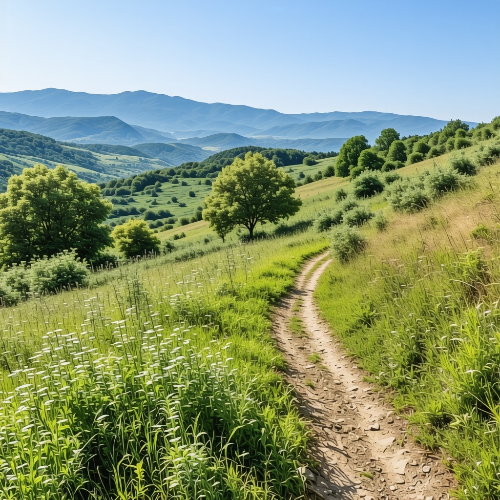 A scenic hiking trail surrounded by lush green hills and mountains near Kumanovë, North Macedonia