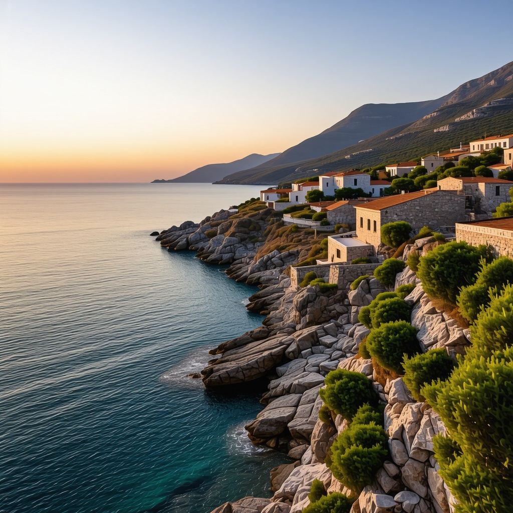 Himara coastline featuring traditional stone houses and crystal-clear Adriatic Sea during sunset