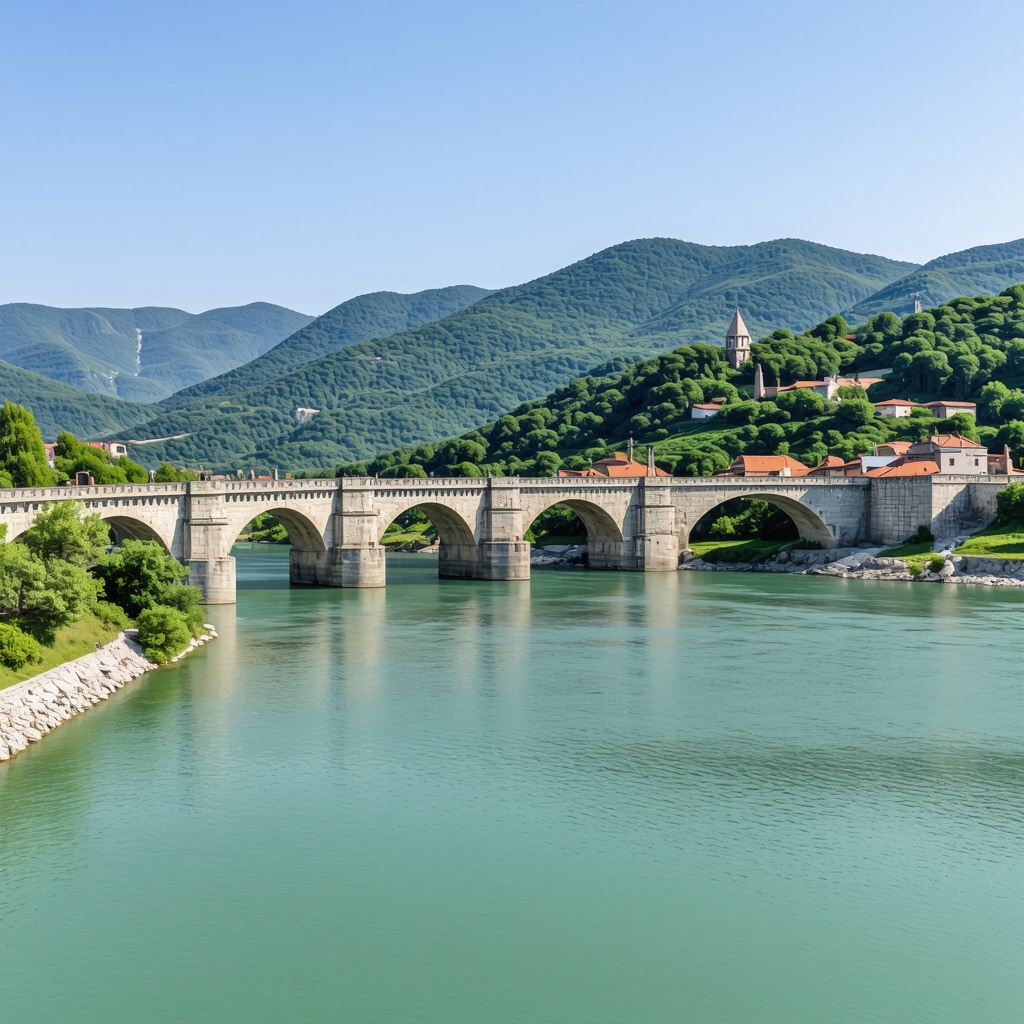 Panoramic view of Mehmed Pasha Sokolović Bridge over the Drina River in Višegrad with lush green mountains
