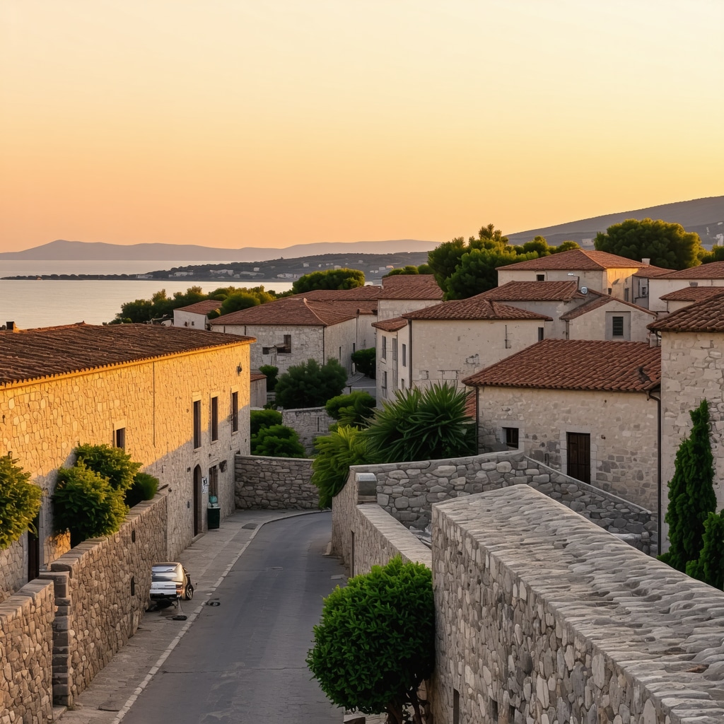 Trogir old town with stone buildings and Adriatic Sea coastline during sunset