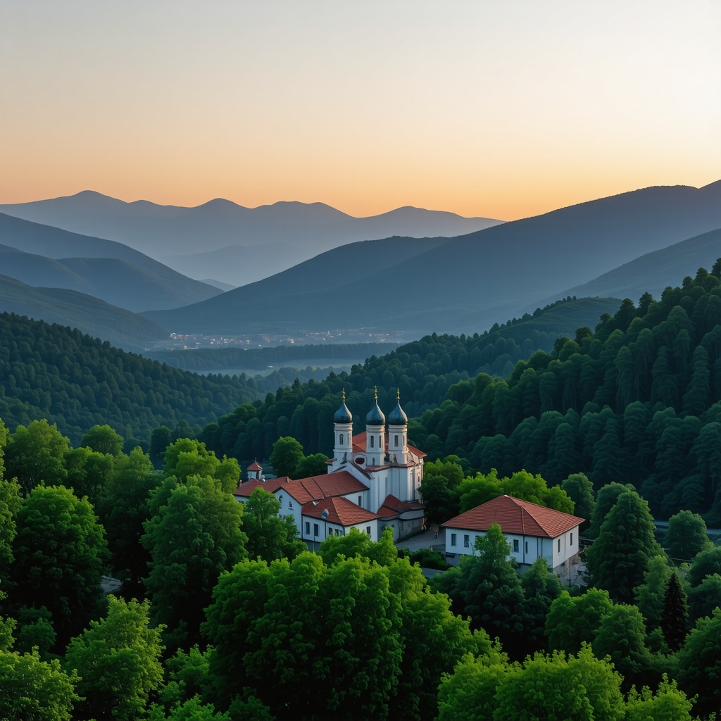 Panoramic sunset view of Orthodox church and Ottoman mosque surrounded by forests and mountains in Pljevlja, Montenegro