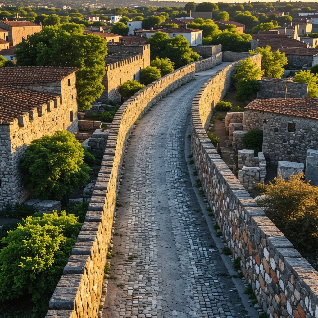 Aerial view of historic stone-paved routes winding through medieval Smederevo with surrounding greenery