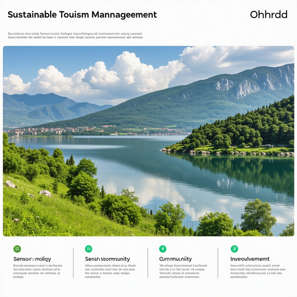 Infographic depicting sustainable tourism strategies with ecological monitoring and community participation in Ohrid, Balkan region