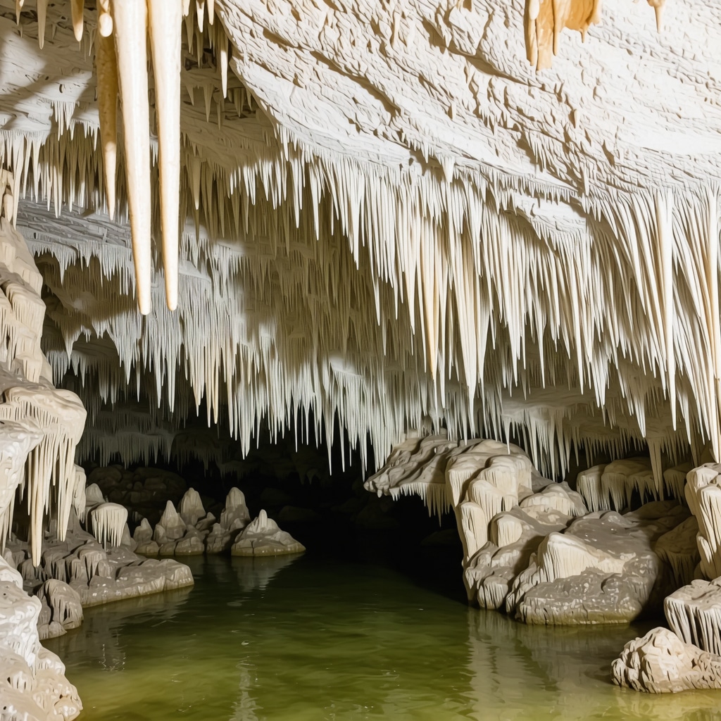 Postojna Cave interior with stalactites and stalagmites illuminated