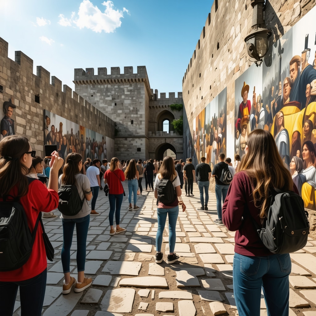 Tourists using AR devices to explore Durrës Castle with historical digital overlays