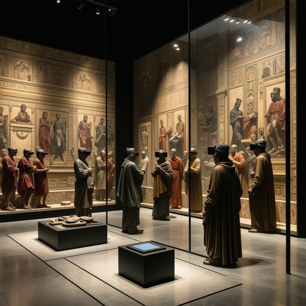 Visitors engaging with augmented reality and virtual reality displays in a museum featuring Byzantine and Ottoman artifacts in Ioannina