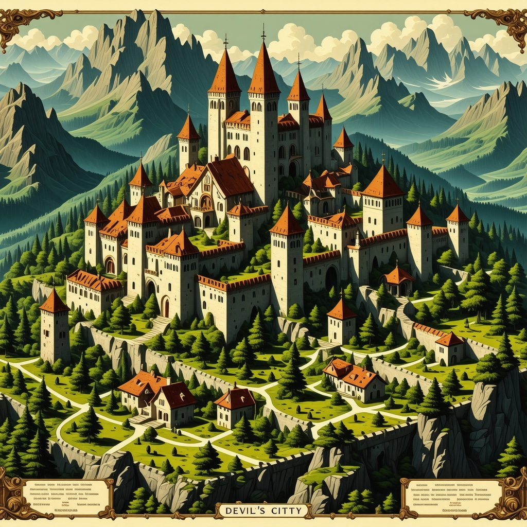 Interactive digital map highlighting folklore landmarks and cultural sites in Devil's City, Romania with visitors using AR technology