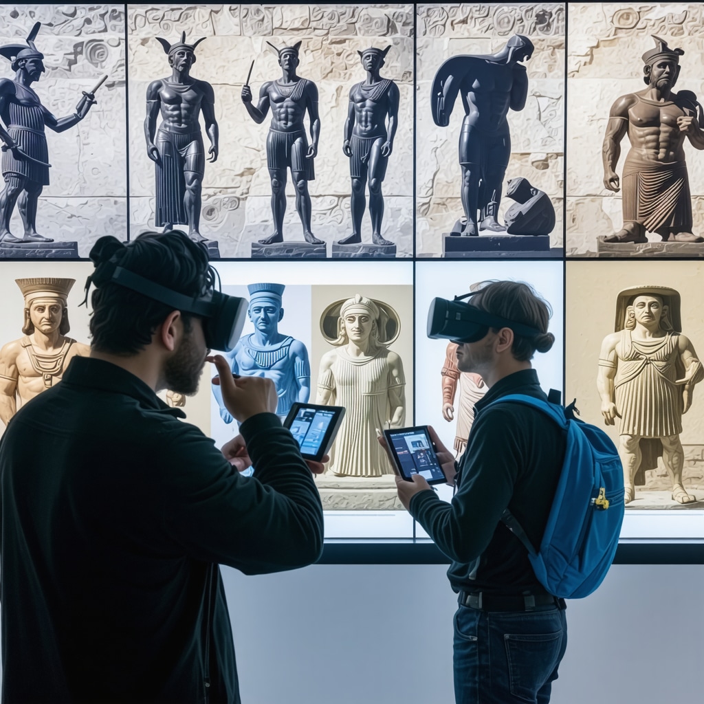 Tourists interacting with augmented reality displays of ancient artifacts in a Thessaloniki museum
