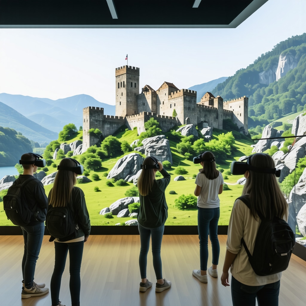 Modern visitor center in Celje with digital displays and VR technology showcasing medieval castle and natural surroundings