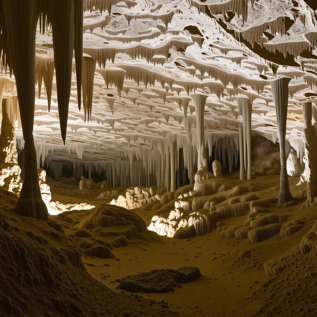 Detailed view of stalactites and stalagmites inside Postojna Cave with LED illumination