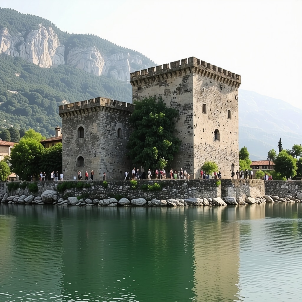 Tourists exploring Ioannina castle near the serene lake