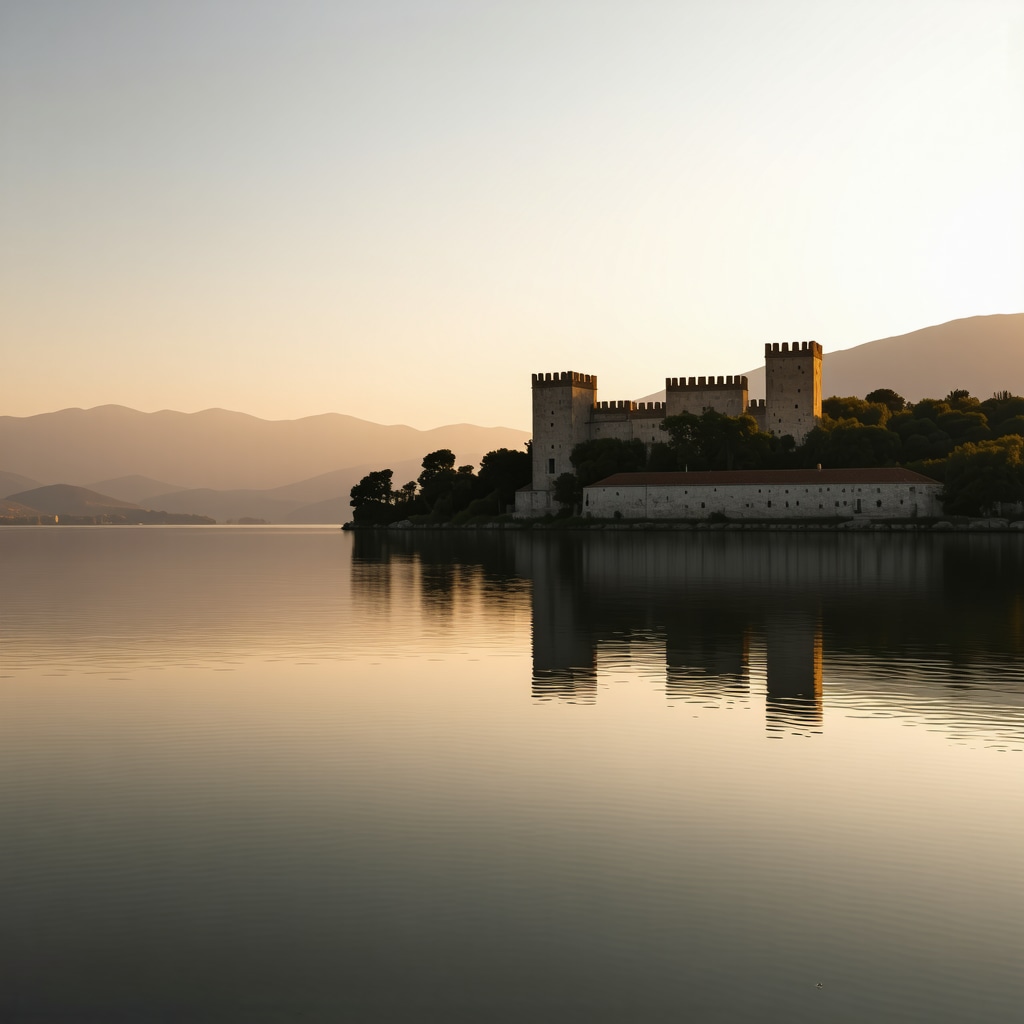 Panoramic view of Ioannina's castle overlooking the peaceful lake during sunset