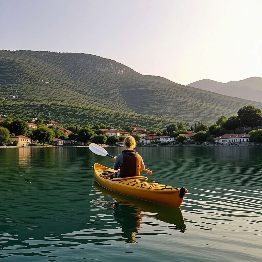 Kayak on crystal-clear waters of Lake Ohrid with green mountains and villages in Pogradec