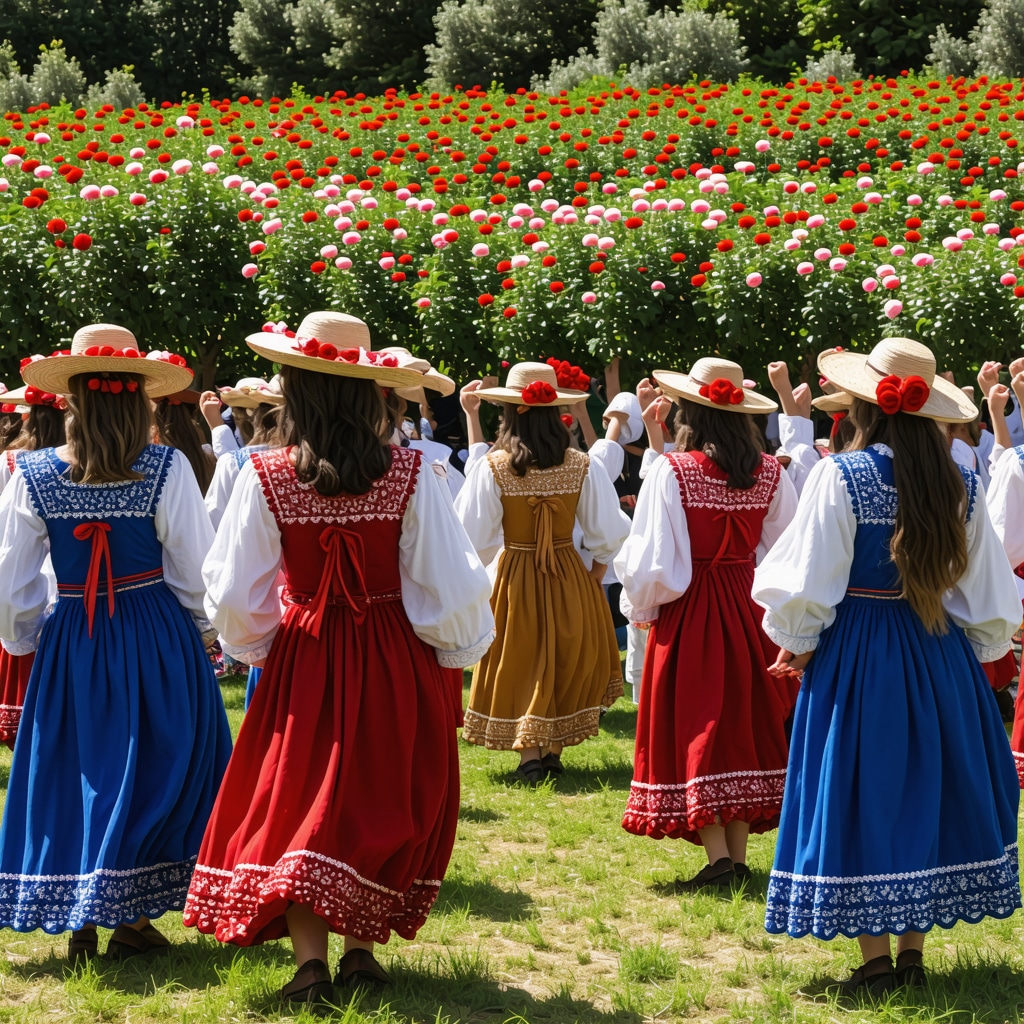 Festival scene in Kırklareli with blooming roses, traditional Balkan and Turkish costumes, and artisans