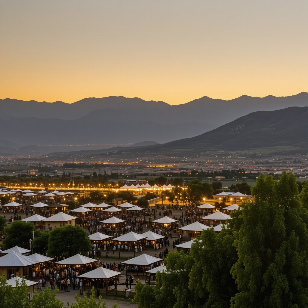 Panoramic view of Korça city during a cultural festival with colorful costumes and traditional dances, framed by majestic mountains under warm sunset light