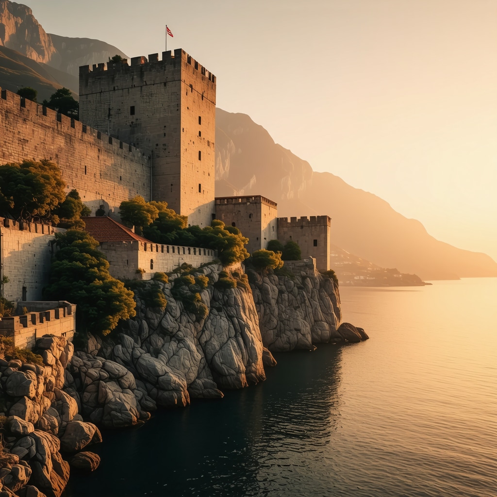 Panoramic sunset view of Kotor's medieval fortress walls and Adriatic Sea