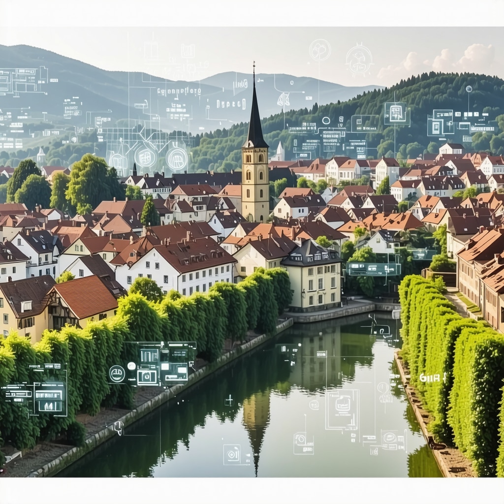 Panoramic view of Kranj city with historical buildings, natural surroundings, and digital AI interface icons overlay