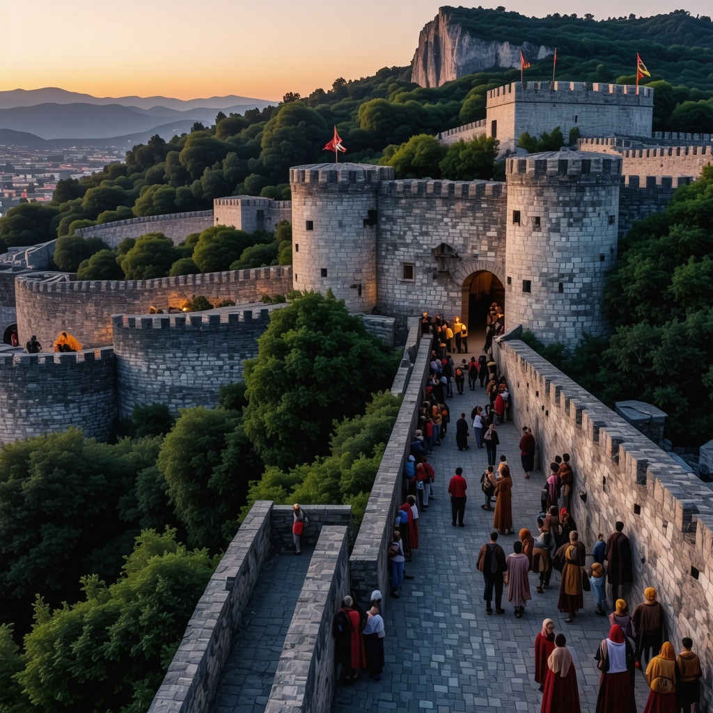 Aerial image of Kruja Castle featuring digital augmented reality elements integrated with traditional festival scenes