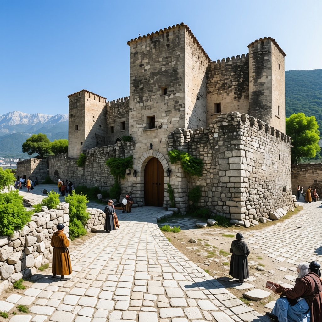 Panoramic view of Krujë Castle featuring augmented reality elements showing historical scenes and interactive guides