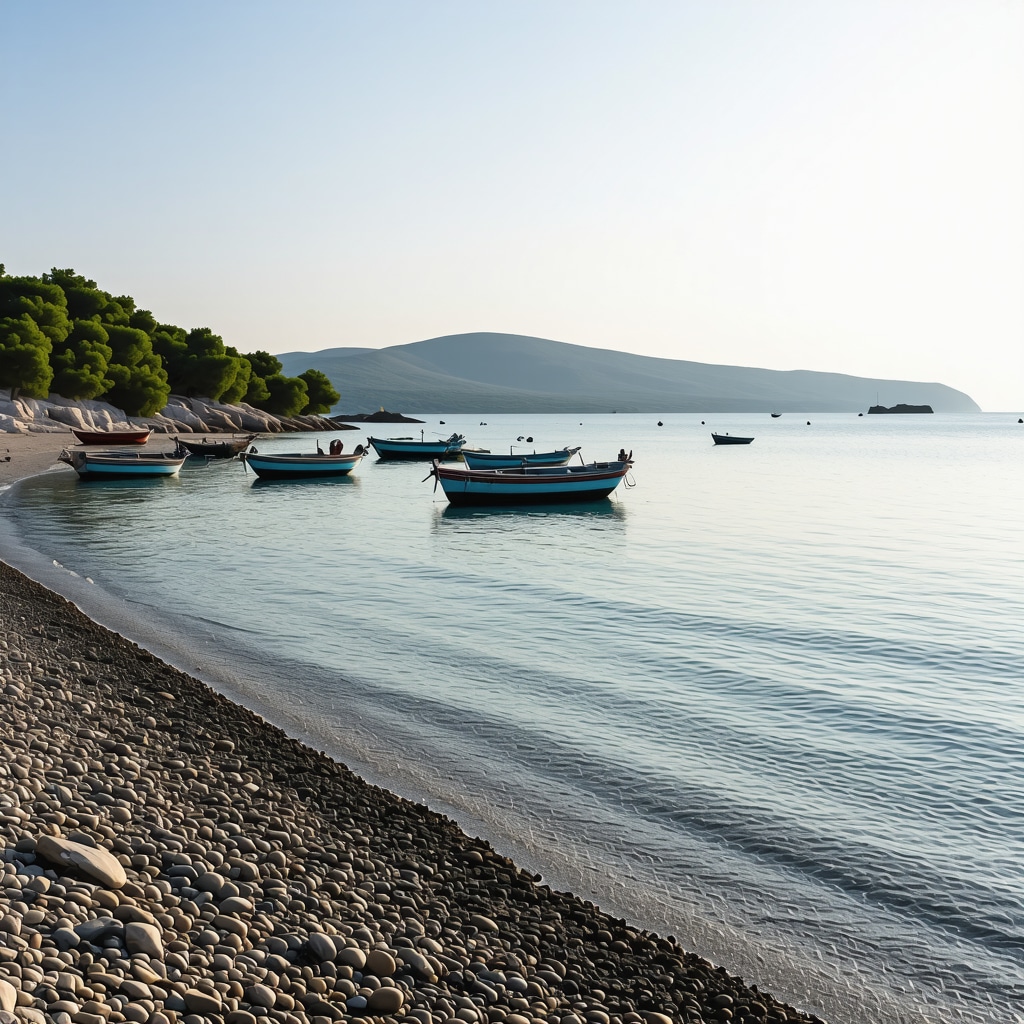 Crystal clear waters of Ksamil beach with small islands and fishermen's boats at sunset