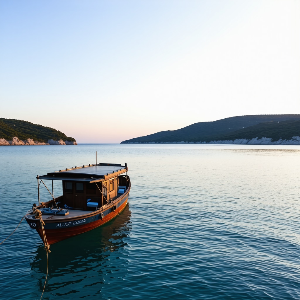 Panoramic sunset view of Ksamil coastline with crystal-clear waters and fishing boats, highlighting virtual reality's role in sustainable tourism