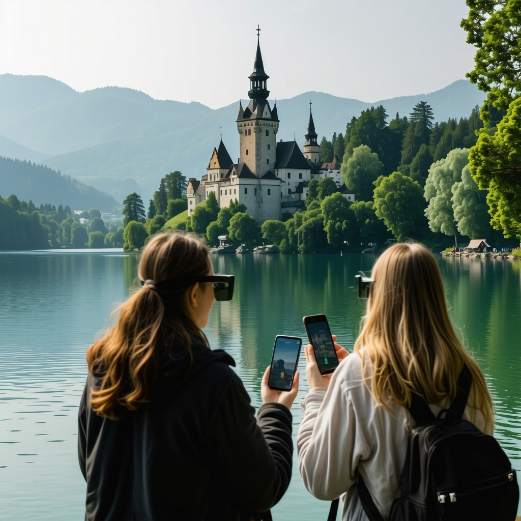 Tourists at Lake Bled using augmented reality glasses and mobile apps to explore cultural and natural sites