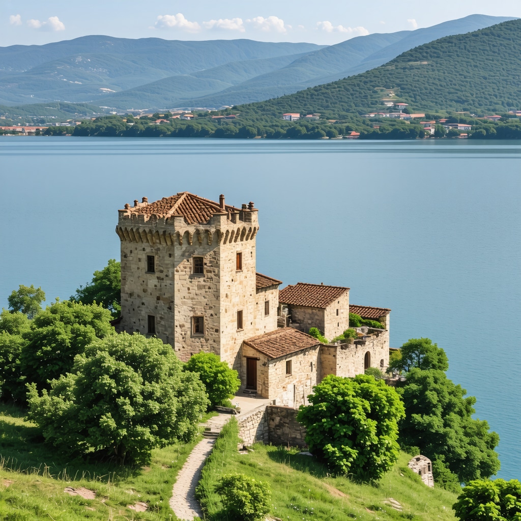 Aerial view of Lake Ohrid near Pogradec with castle ruins and eco-tourism activities