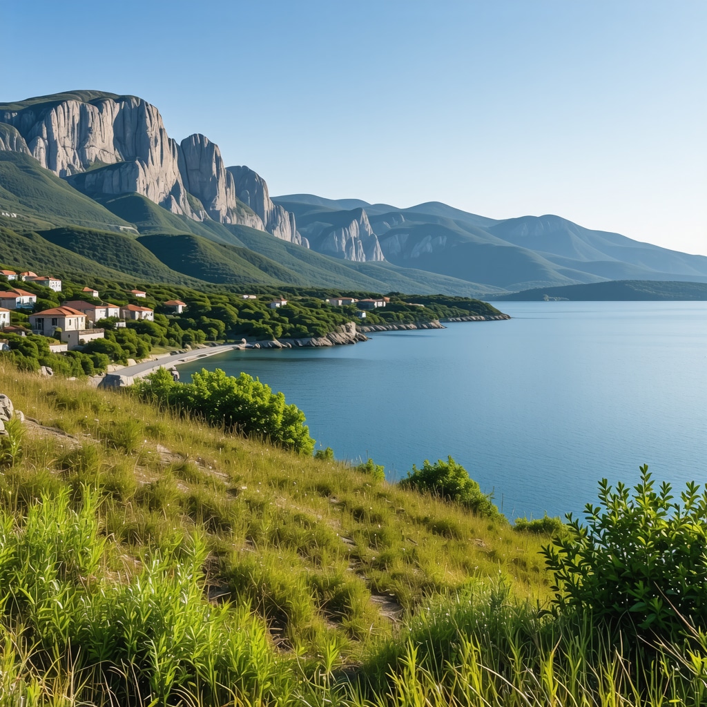 Panoramic landscape of Lovćen National Park with mountains and sea in Montenegro