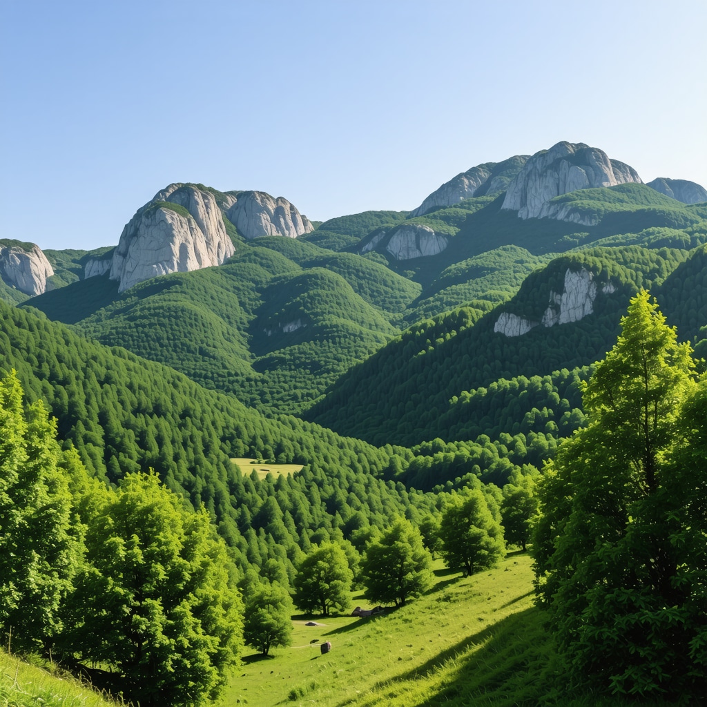 Summer landscape of Lovćen National Park near Cetinje with green mountains and clear blue sky