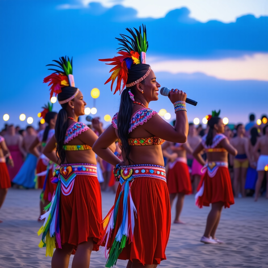 Festival scene at Mamaia beach with traditional Bulgarian dancers and modern lighting effects at sunset