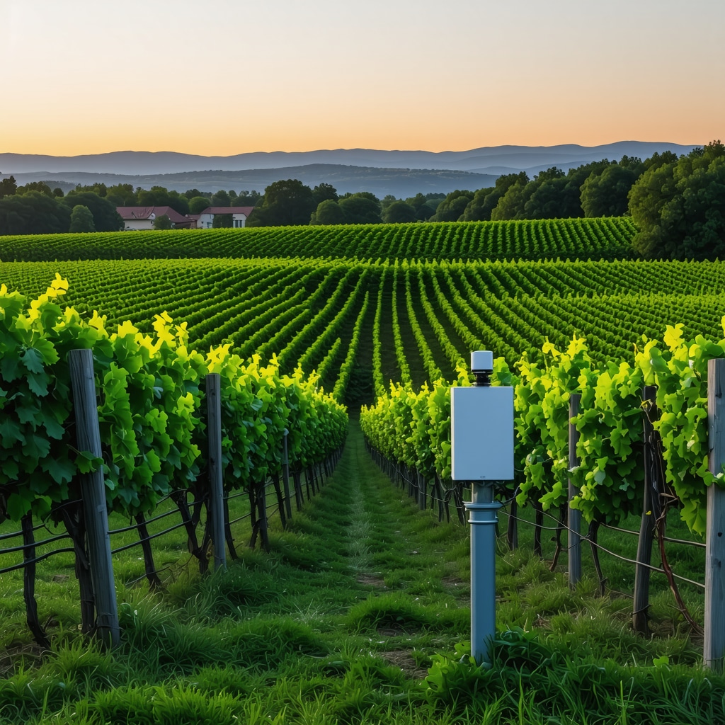 Vineyard in Maribor at sunset with modern sensors and traditional grapevines