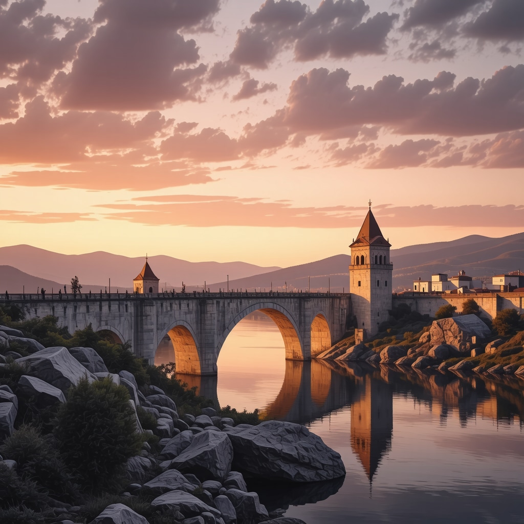 Digital rendering of Mehmed Paša Sokolović Bridge with AR historical and structural data overlays at sunset
