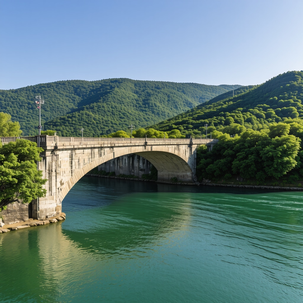 Historic Mehmed Pasha Sokolović Bridge over Drina River with natural landscape in Višegrad