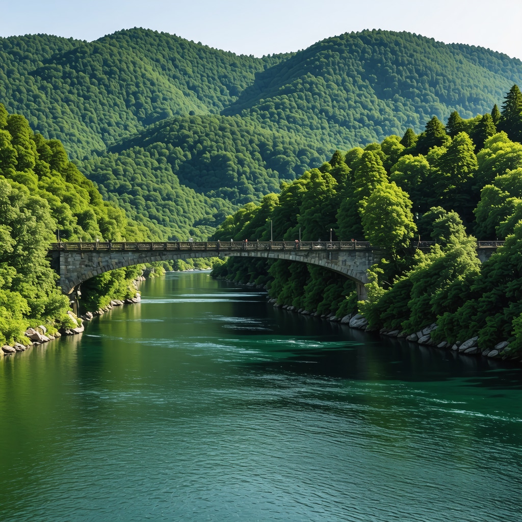 Panoramic view of Mehmed Pashë Sokoloviç's historic bridge spanning the Drina River amid verdant forest landscape