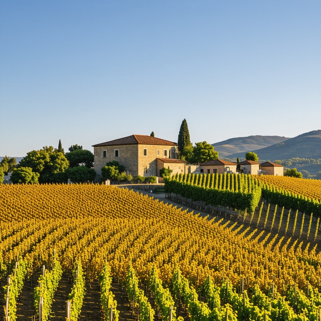 Panoramic view of Melnik vineyards with stone houses and blue sky