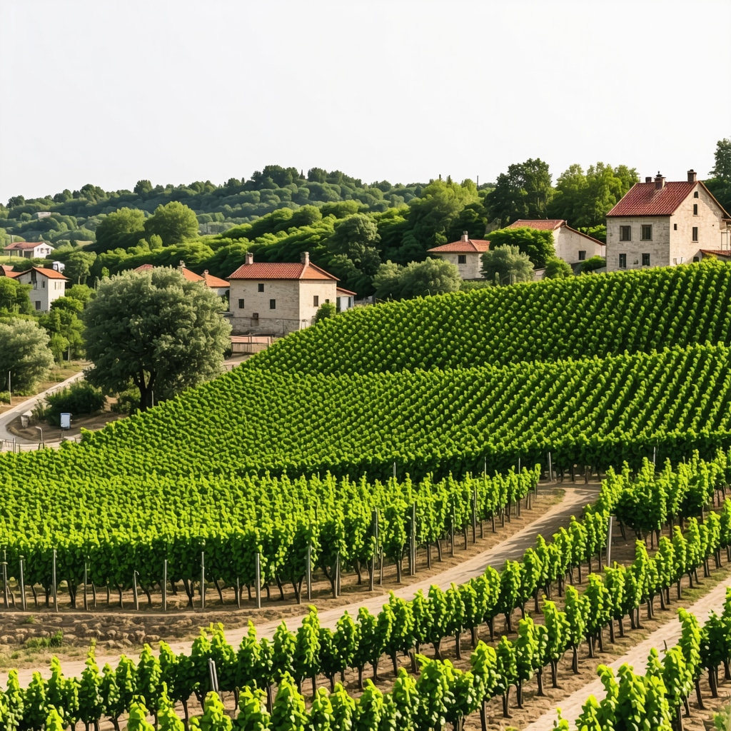Panoramic view of Melnik vineyards showing traditional stone houses and modern agricultural sensors